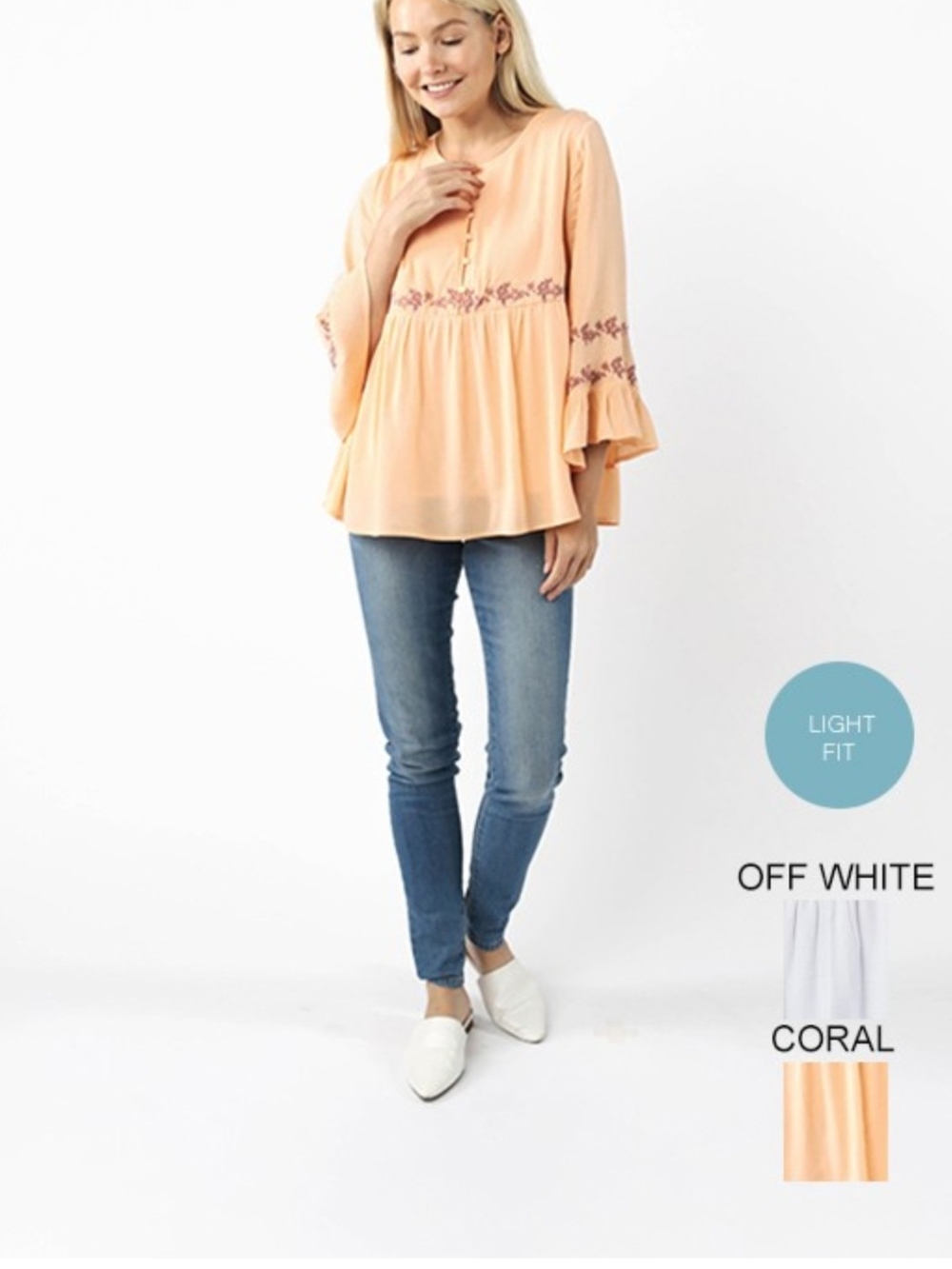 Tea N Rose Flounce Embroidered Women's Coral Peasant Blouse